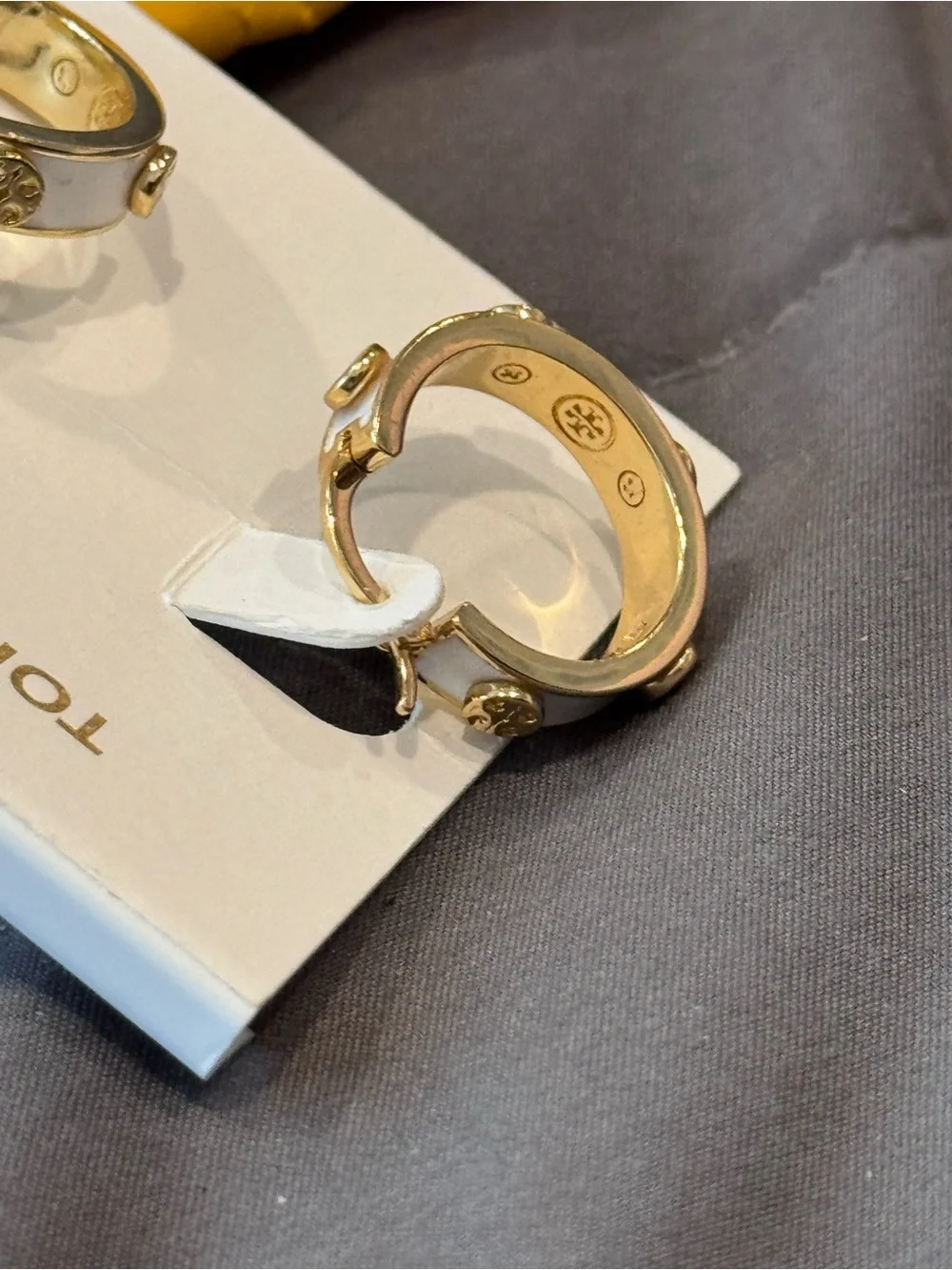 Tory Burch Gold and White Enamel Logo Accent Hoop Earrings